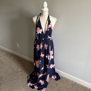 MISSLOOK Navy and Pink Floral Maxi Dress